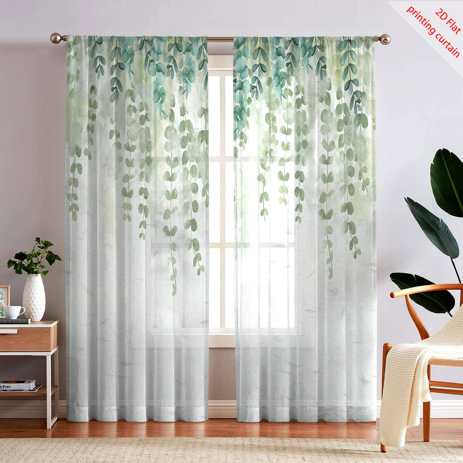 Home Decor Youtube - Printed transparent gauze curtain with plant,