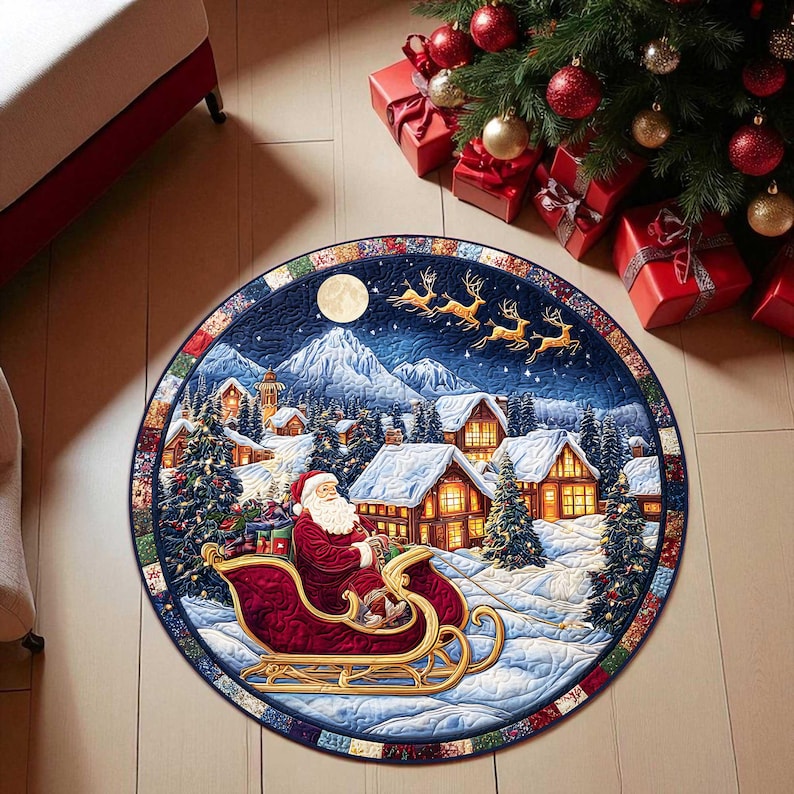 Home Xmas Decor Ideas - Santa Sleigh Christmas Round Doormat, Vintage