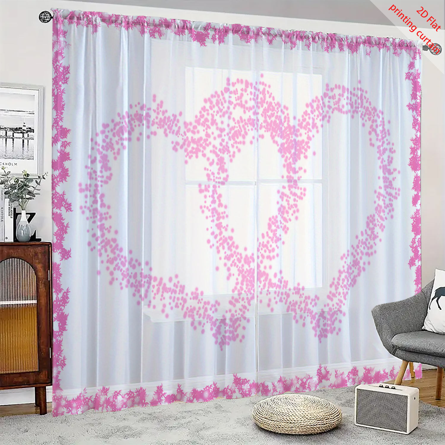 Home Decor Youtube - Heart Shaped Printed Transparent Gauze Curtain